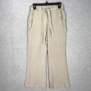 Sincerely Jules Pants Womens Large Taupe Paperbag Gauze Crop Wide Leg Belt Beach